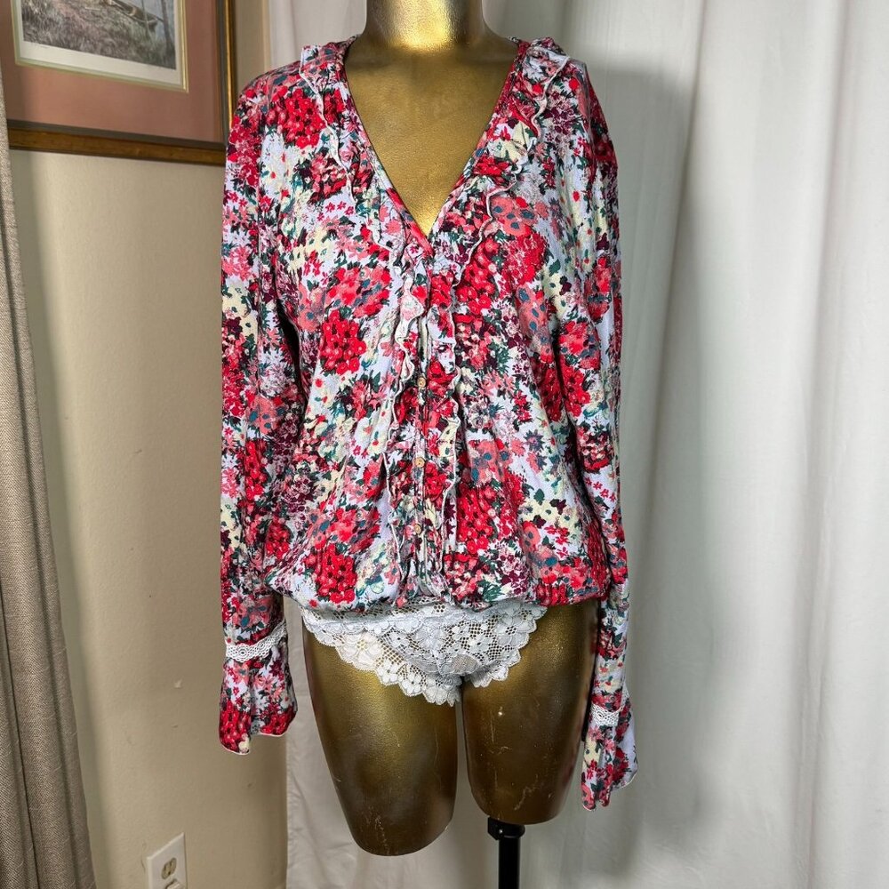 Free People Women's Heat Wave Thong Bodysuit Size Medium Floral Ruffle Blue Red - Picture 1 of 10